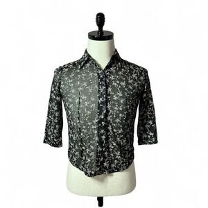 Floral Button Up Top, 3/4 Sleeve Blouse, Lightweight,‎ Semi Sheer Shirt Grunge